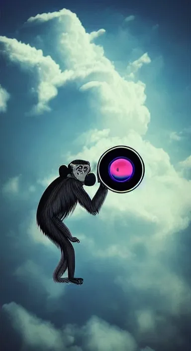 Image similar to “ big eye monkey holding laser gun floating in clouds, digital art, super aesthetic, art station childish style ”