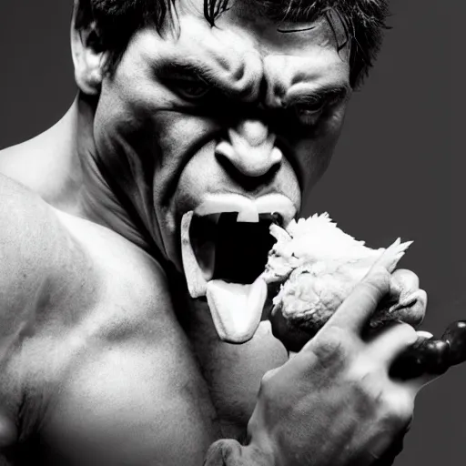 Prompt: old black and white photo of hulk eating a chicken, photorealistic, real