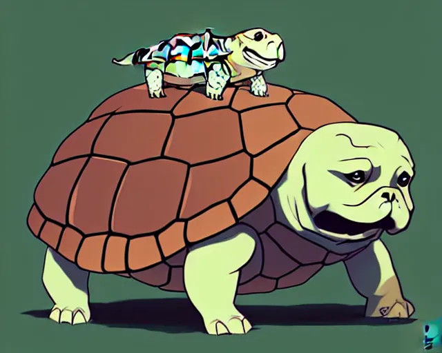 Image similar to cell shaded cartoon of an adorable turtle with a bulldog's head, concept art by josan gonzales and wlop, by james jean, victo ngai, david rubin, mike mignola, deviantart, art by artgem