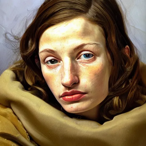 Image similar to high quality high detail painting by lucian freud, hd, 2 7 year old girl portrait, photorealistic lighting
