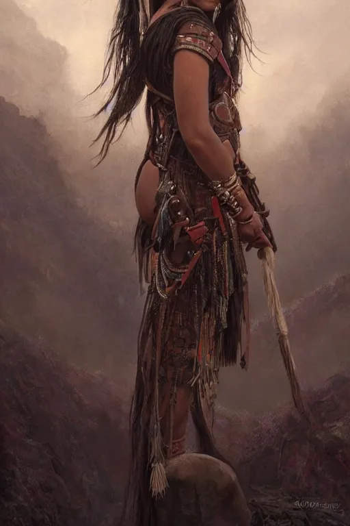 Prompt: breathtaking detailed soft painting of a young sexy native warrior girl in leather, with long braided hair and piercing eyes, ancient temple at twilight, symmetrical!! realistic features, rembrandt style, elegant, highly detailed, artstation, concept art, matte, sharp focus, art by tom bagshaw, kelogsloops and greg rutkowski