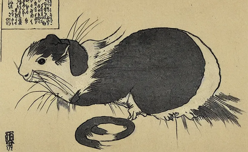 Prompt: ink drawing by hokusai of a guinea pig.