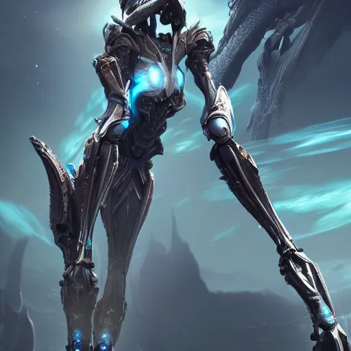 Image similar to high quality bug pov shot, of a highly detailed beautiful Giant female warframe, but as an anthropomorphic robot female dragon, looming over you, unaware of your existence, highly detailed art, epic cinematic shot, realistic, professional digital art, high end digital art, furry art, DeviantArt, artstation, Furaffinity, 8k HD render, epic lighting, depth of field