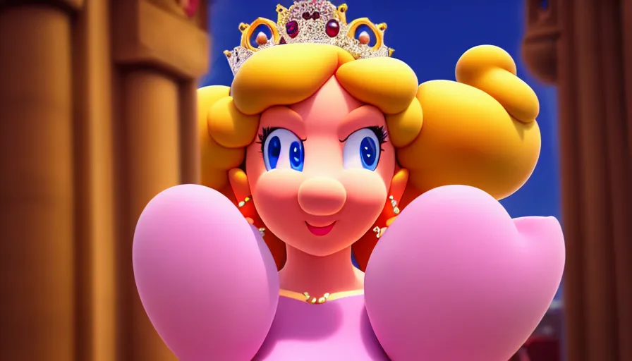 Image similar to princess peach from mario, symmetrical, cinematic, real photography, 4 k, ultra hd