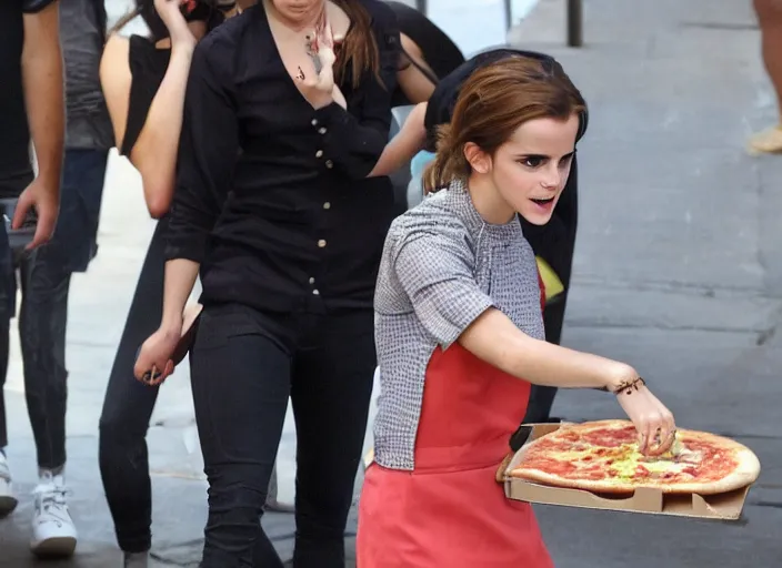 Image similar to emma watson eats a juicy pizza