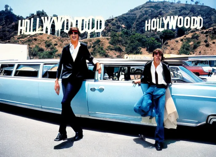 Image similar to a cool handsome photomodel lening against a limousine on hollywood boulevard in the 8 0's. hollywood sign in the background