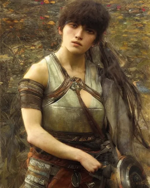 Prompt: a beautiful and strong female warrior by Edgar Maxence, Ross Tran and Jules Bastien-Lepage