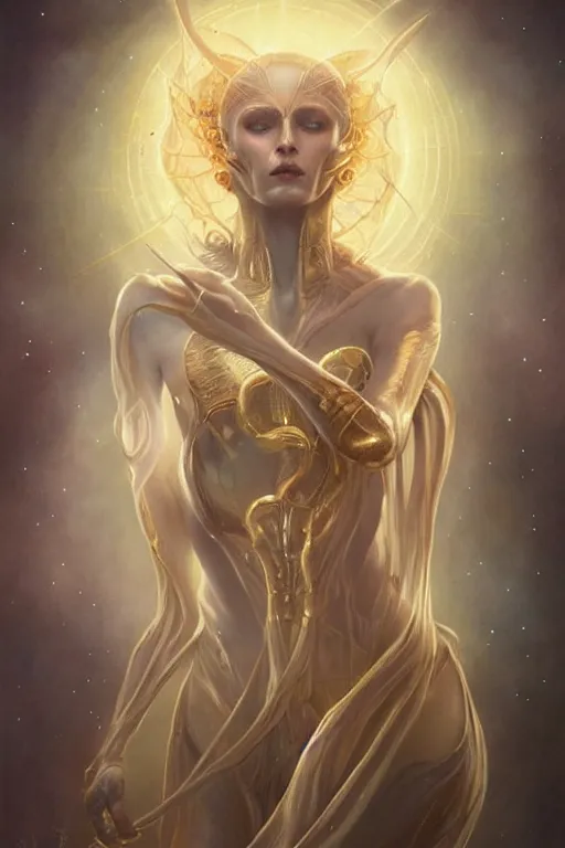 Image similar to a subtle lighting photo of an ancient powerful psychic alien queen, light colors, bright, sunbeams, eloquent, fancy, lovely, beautiful lighting, golden ratio, artgerm, tom bagshaw, gerald brom, detailed, small details, intricate, sci fi, scifi, magic, magical aesthetic,