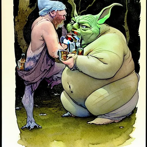 Image similar to a realistic and atmospheric watercolour fantasy character concept art portrait of a fat sleazy homeless yoda wearing a wife beater drinking out of a broken bottle, by rebecca guay, michael kaluta, charles vess and jean moebius giraud