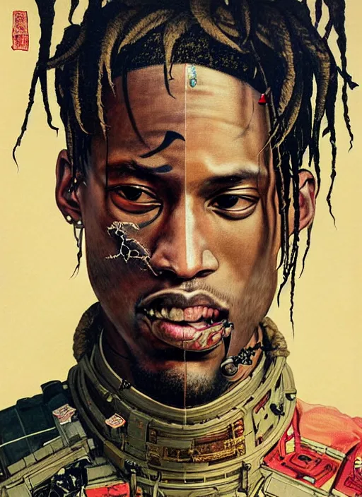 Prompt: a beautiful ukiyo painting of travis scott as a timepunk battle space pilot, wearing space techwear, detailed close up portrait, intricate complexity, concept art, by takato yamamoto, wlop, krenz cushart. cinematic dramatic atmosphere, sharp focus, digital full likeness art. center frame