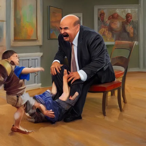 Image similar to highly detailed oil painting, concept art, dr phil laughing while kicking a sitting kid in the face, concept art, highly detailed