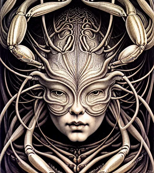 Prompt: detailed realistic beautiful crab goddess face portrait by jean delville, gustave dore, iris van herpen and marco mazzoni, art forms of nature by ernst haeckel, art nouveau, symbolist, visionary, gothic, neo - gothic, pre - raphaelite, fractal lace, intricate alien botanicals, ai biodiversity, surreality, hyperdetailed ultrasharp octane render