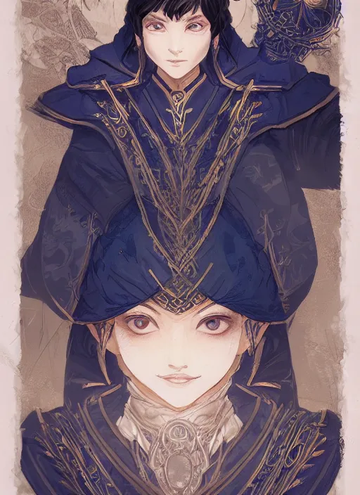 Prompt: a highly detailed illustration of short black haired young asian wizard wearing ornate navy robe and mage hat, dramatic reading spell book pose, intricate, elegant, highly detailed, centered, digital painting, artstation, concept art, smooth, sharp focus, league of legends concept art, WLOP