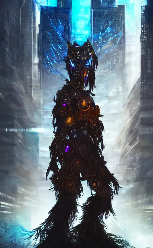 Image similar to a cyber shaman in a futuristic city, dynamic lighting, photorealistic fantasy concept art, trending on art station, stunning visuals, creative, cinematic, ultra detailed