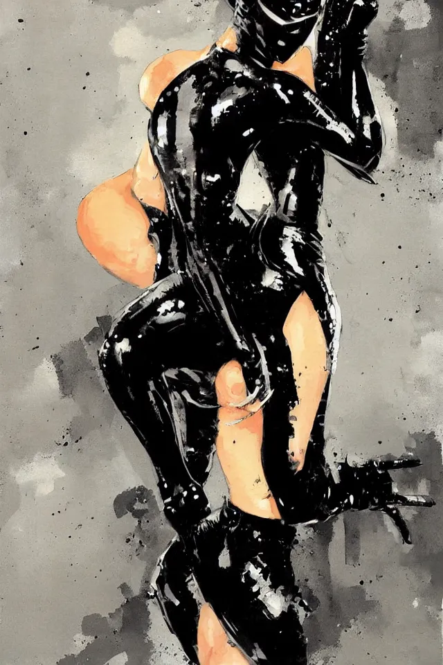 Prompt: painting of one ninja woman in a black latex suit by ashley wood