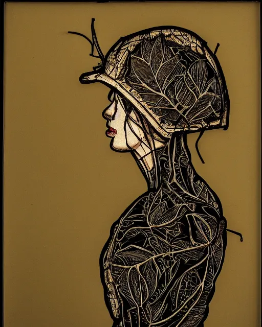 Image similar to a woman's face in profile, wearing a vintage motorcycle helmet made of intricate delicate leaf skeleton, in the style of the dutch masters and gregory crewdson, dark and moody