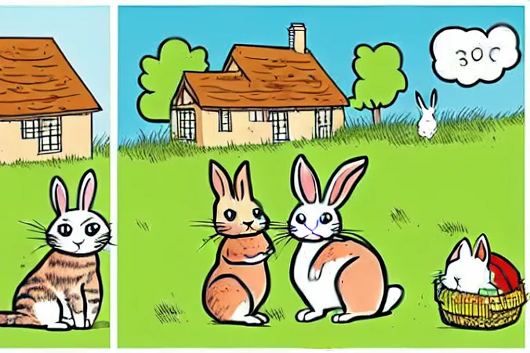 Image similar to a rabbit and a cat dressed in cottagecore living in a cottage, the rabbit has a vegetable garden and the cat is fixing the roof, comic book art style, pictures in sequence, storyboarding, speech bubbles