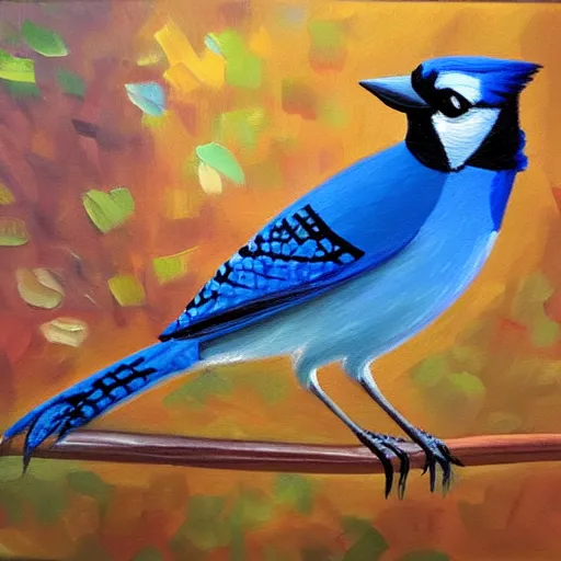 Image similar to expressive oil painting of a blue jay on a small bridge in a forest, natural color palette