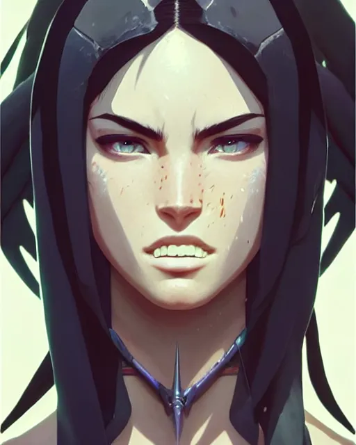 Image similar to azctec warrior, megan fox, detailed perfect face, exquisite details, fire magic, mid view, design on a white background, by studio muti, greg rutkowski makoto shinkai takashi takeuchi studio ghibli