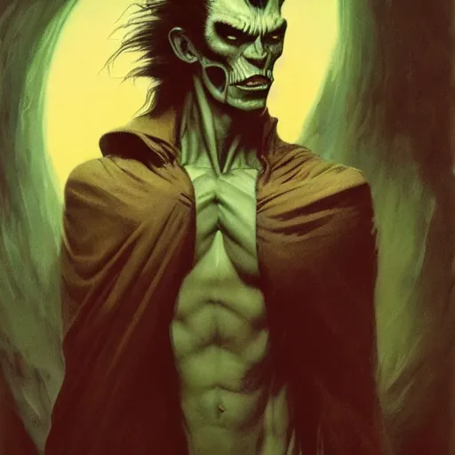 Image similar to head and shoulders vogue photo portrait of a male vampire, d & d, fantasy, greg rutkowski, frank frazetta, alexandre chaudret, boris vallejo, michael whelan, miro petrov, hr giger, magali villeneuve, donato giancola