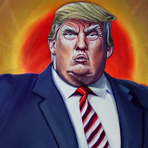 Prompt: obese trump. overweight. disgusting. amazing painting. formal. beautiful. high resolution. highly realistic. close - up. trending on artstation