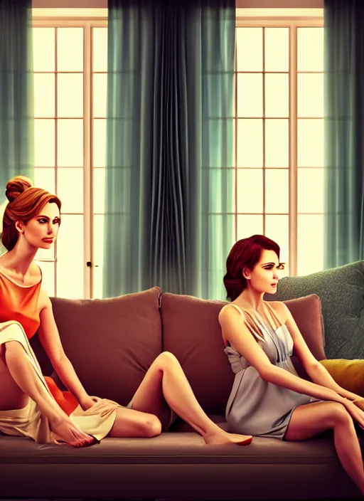 Image similar to two beautiful housewives in the living room on a hot summer evening, gorgeous faces, thick lines, cinematic lighting, detailed photorealistic digital art