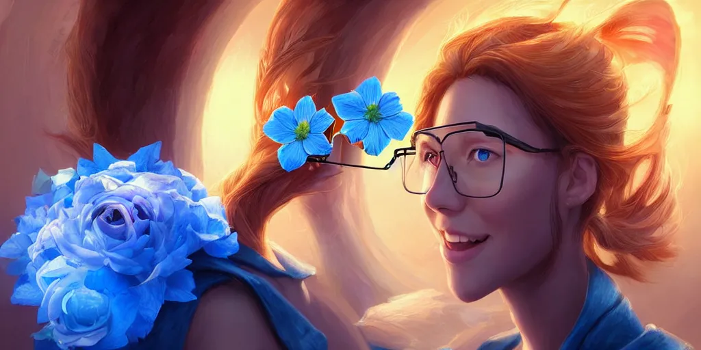 Image similar to epic professional digital art of a smiling bread toast wearing 👓 and a blue flower, best on artstation, cgsociety, wlop, cosmic, epic, stunning, gorgeous, much detail, much wow, masterpiece, backlight