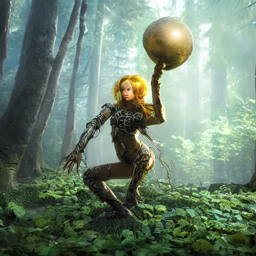 Image similar to golden ratio female earth mage, high quality character design, action pose : : spotlight, magicpunk, biopunk, forestpunk, forest, mushrooms, high detail, 8 k, oled, shadows, reflections, digital art, official art, octane render, dynamic camera angle, unreal engine, dollpunk