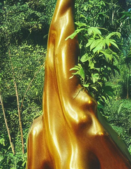 Prompt: vintage color photo of a massive 1 1 0 million years old abstract liquid gold sculpture shinning and covered by the jungle vines