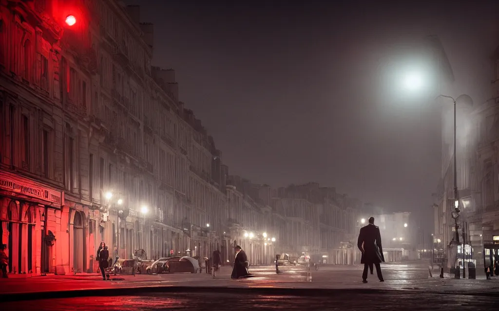 Prompt: One man in a trenchcoat shooting at a lovecraftian shadow monster with a ruby pistol in an early 20th century parisian street at night. Two cars are drifting around the monster with their lights on. Paris' Gare du Nord train station is visible in the background. 4k, dynamic, pulp, studio lighting, cinematic composition, HDR, very low angle shot, (fish eye).