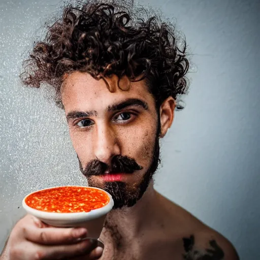 Image similar to Young Italian man with curly hair, moustache and a short beard covered in pizza sauce. Sigma 85mm f_1.4, 4k, portrait photography