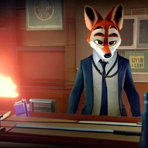 Image similar to Screenshot from the PC game Payday: The Heist featuring Nick Wilde (from Zootopia)