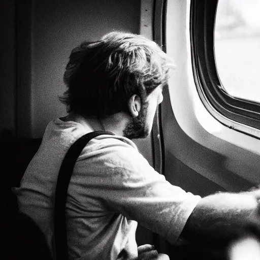 Prompt: a very confused and scared man riding a train for the first time, 8 5 mm shot