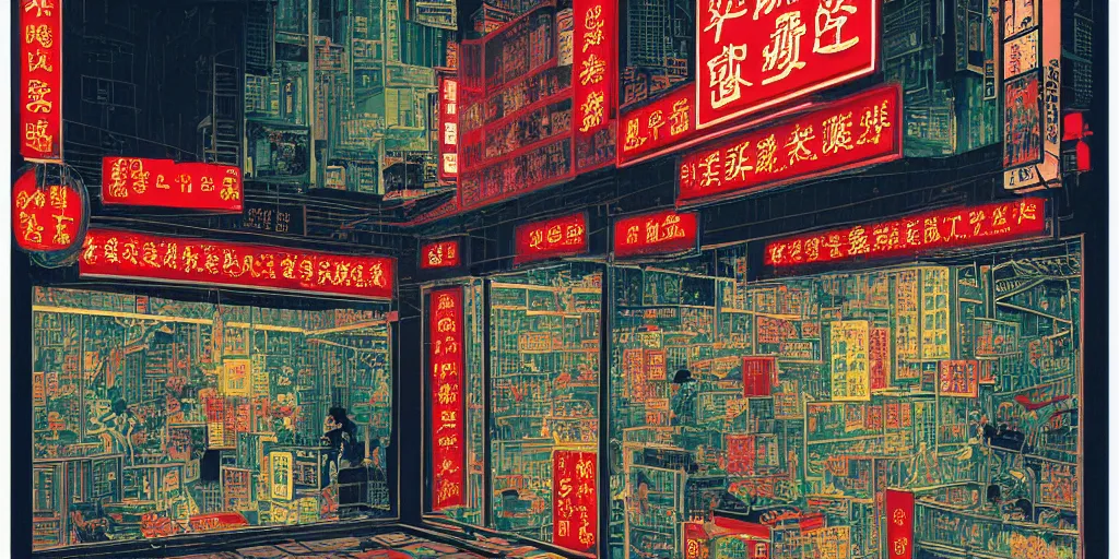 Image similar to a shop window in hong kong, by dan mumford and peter doig and edward hopper, minimal, black in, thick lines highly detailed, muted colours, overlaid with chinese adverts, 8 k