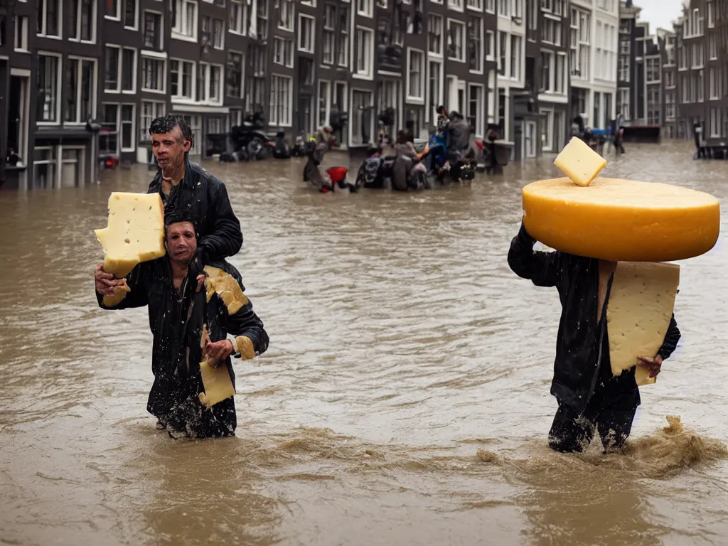 Image similar to closeup potrait of a man carrying a wheel of cheese over his head in a flood in Amsterdam, photograph, natural light, sharp, detailed face, magazine, press, photo, Steve McCurry, David Lazar, Canon, Nikon, focus