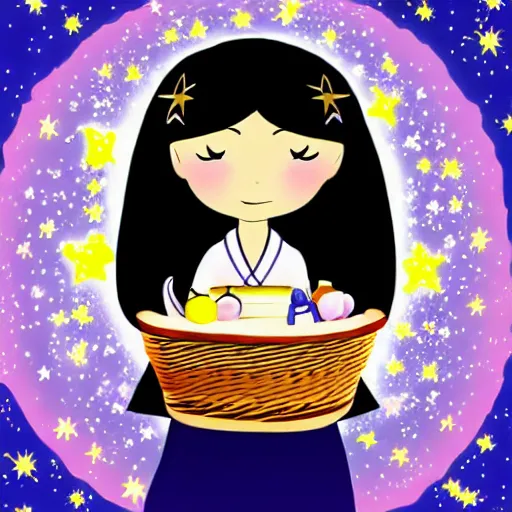 Prompt: A cute girl holding a basket full of stars, Japanese cartoon style