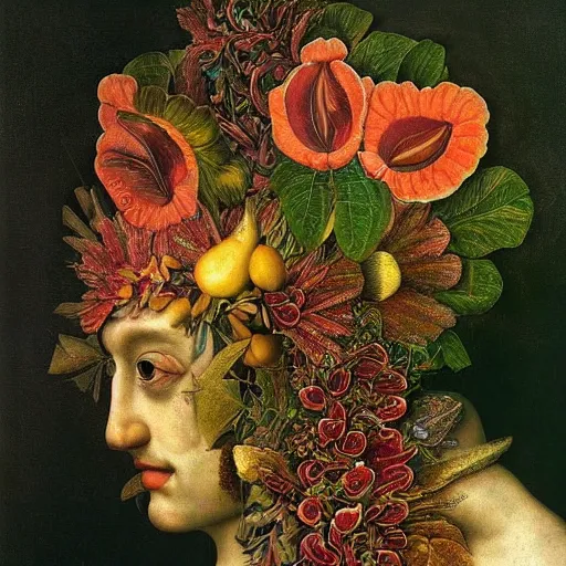 Image similar to a beautiful profile portrait of a beautiful female, leaves, by giuseppe arcimboldo,, psychedelic, surreal, dreamlike, environmental friendly, nature.