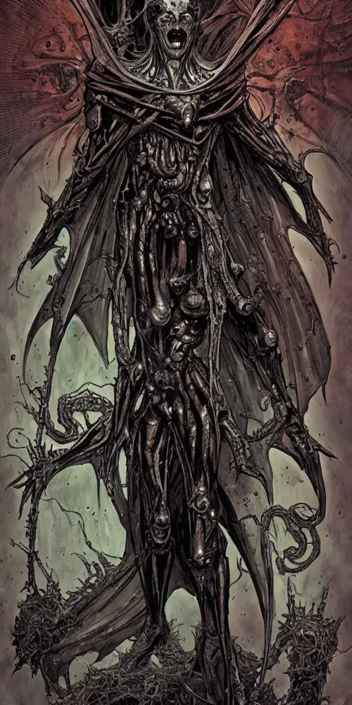 Prompt: A full body portrait of a new antihero character art by Marc Silvestri, Cedric Peyravernay and H.R. Giger, cosmic horror, ominous, mysterious