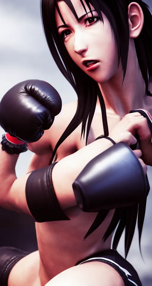 Image similar to closeup portrait of tifa lockheart punching the cameraman, action shot, photorealistic, octane render, hyperdetailed, artstation and pixiv