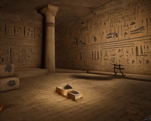 Image similar to screenshot ps 5 videogame in an ancient egypt undiscovered room with a box full of money ingots and gems and precious, concept art, architecture design, pyramids style, rtx, nvidia, renderer, stunning graphics