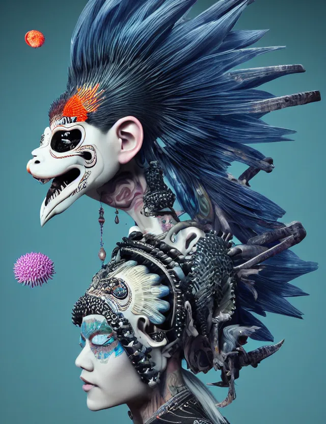 Image similar to 3 d goddess close - up profile portrait punk with mohawk with ram skull. beautiful intricately detailed japanese crow kitsune mask and clasical japanese kimono. betta fish, jellyfish phoenix, bio luminescent, plasma, ice, water, wind, creature, artwork by tooth wu and wlop and beeple and greg rutkowski