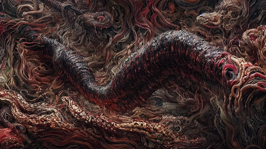 Image similar to screaming worm monster, maximalist, high detail, 8k, ornate, dark fantasy, realistic, masterpiece, complex, WLOP, film still from the movie directed by Denis Villeneuve with art direction