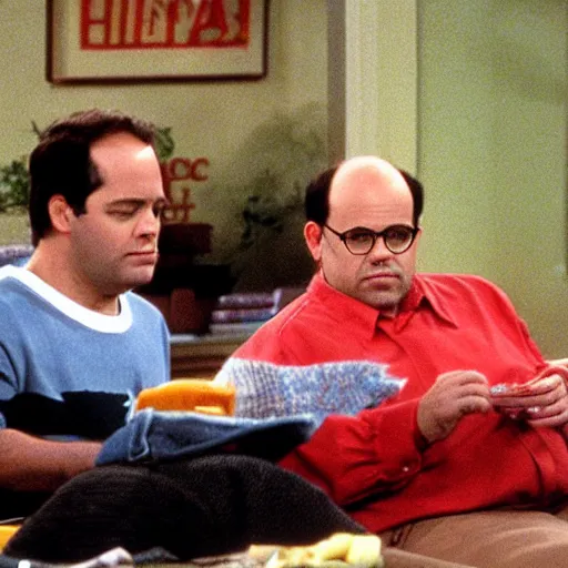 Image similar to George Costanza on Seinfeld selling a big bag of weed, smoking a joint