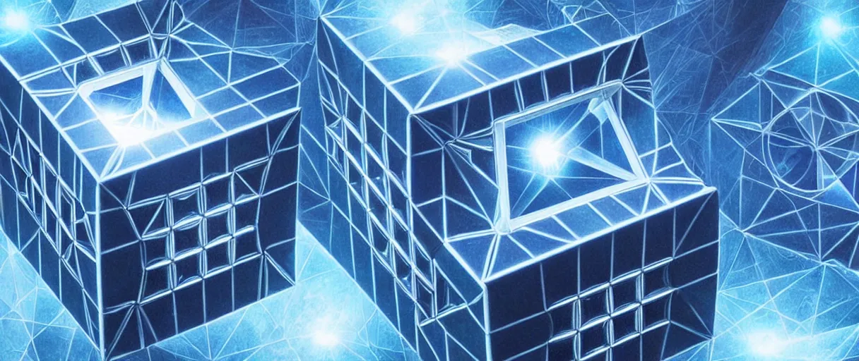 Prompt: hyperrealistic highly detailed metatron's cube rotating mid-air iridescent escher dali matte painting moody blue lighting low angle hd 8k sharp shallow depth of field