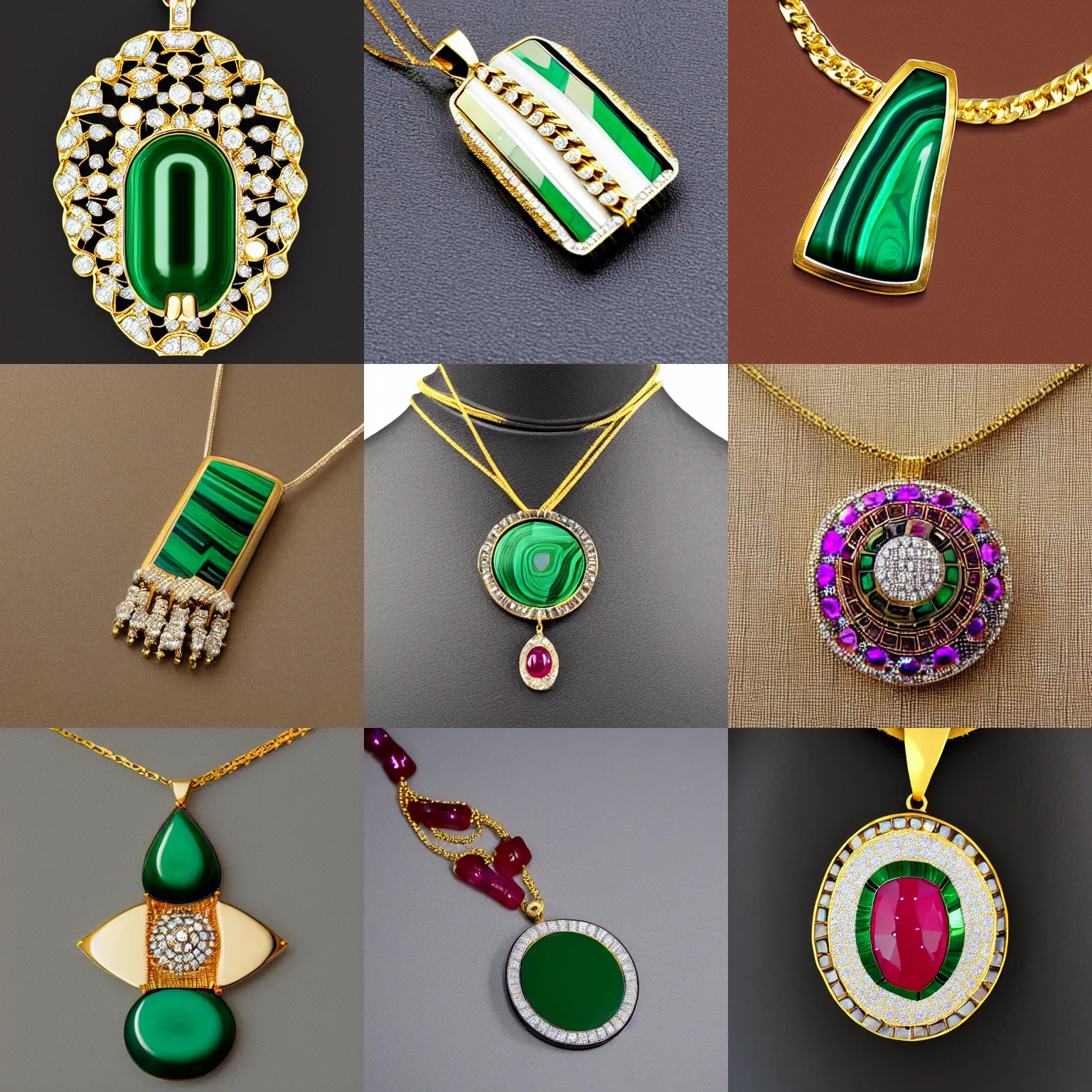 Prompt: photo of jeweled pendant, futuristic, clean design, gold chain, made of diamonds, rubies, gold, malachite inlays, product photography