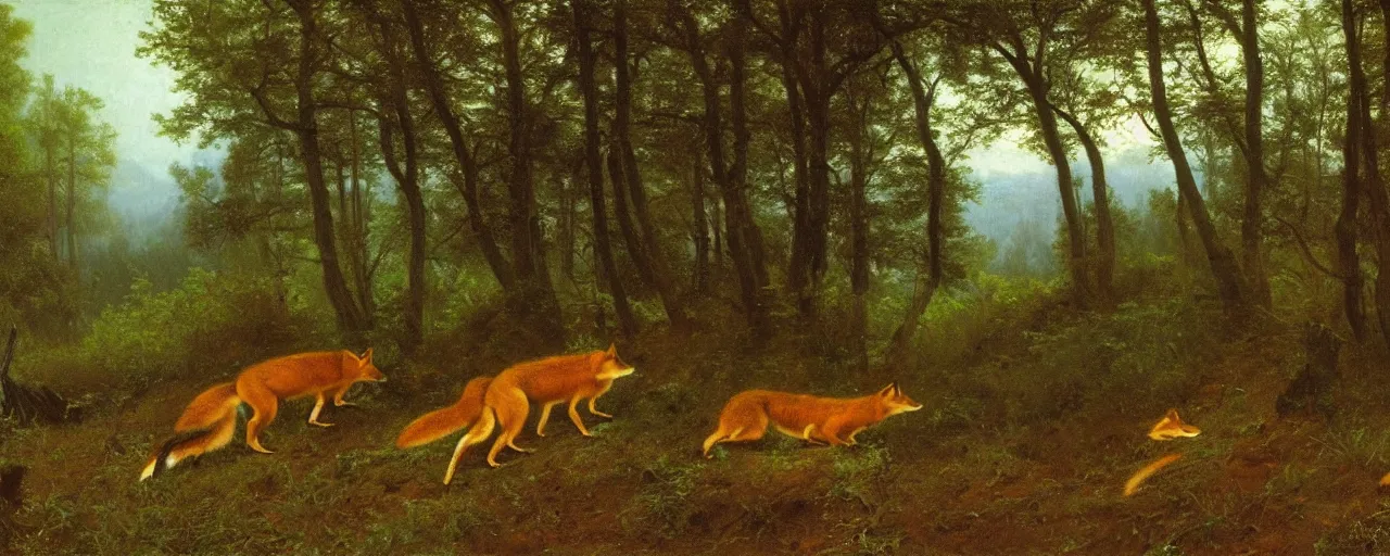 Image similar to foxes in the forest, by albert bierstadt