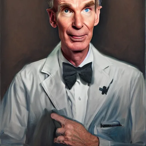 Image similar to a portrait of bill nye the science guy, dramatic lighting and composition, trending on artstation, concept art, comic book, chuck close, vittorio matteo corcos, john currin.