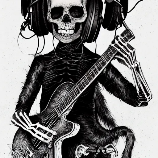 Image similar to skeleton wearing headphones, watching girl playing guitar while her black cat standing next to her, detailed intricate ink illustration, dark atmosphere, detailed illustration, hd, 4k, digital art, overdetailed art, by greg rutkowski, by loish, complementing colors, Trending on artstation