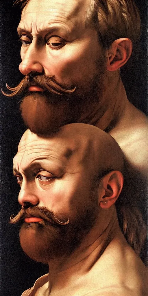 Image similar to middle-aged strong man with short light brown hair and short beard, very realistic, very detailed, 4k masterpiece, art by Caravaggio