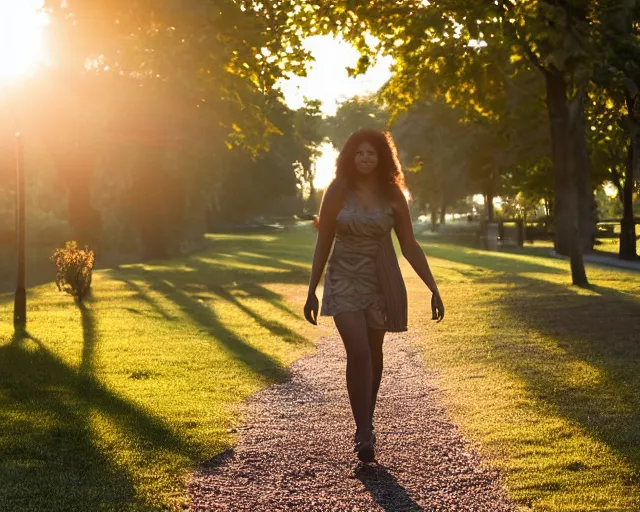 Image similar to a beautiful transgender woman walking through the park at golden hour, 7 0 mm zoom lens, atmospheric lighting